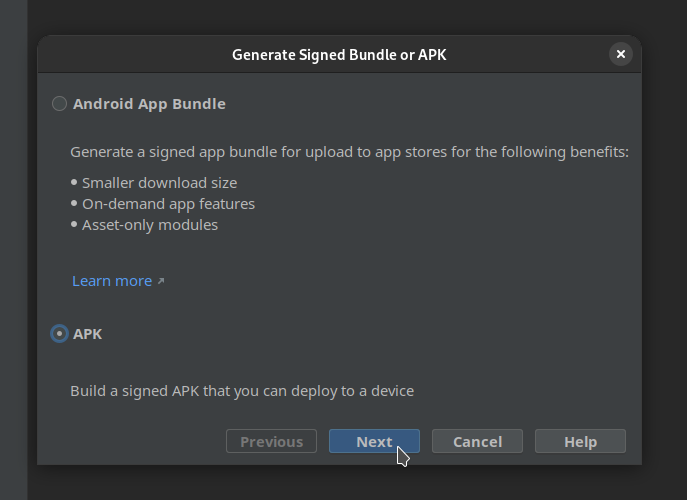 Android Studio prompting the user to choose between a Bundle or APK