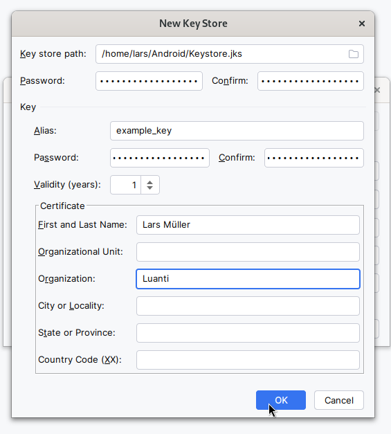 Android Studio with a chosen key store path of /home/lars/Android/Keystore.jks