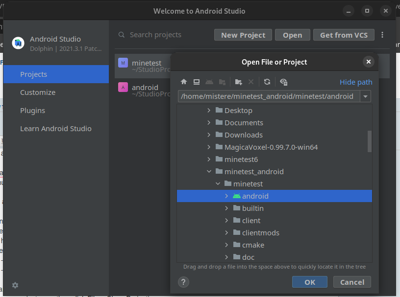 The Android Studio file picker, used to select luanti/android